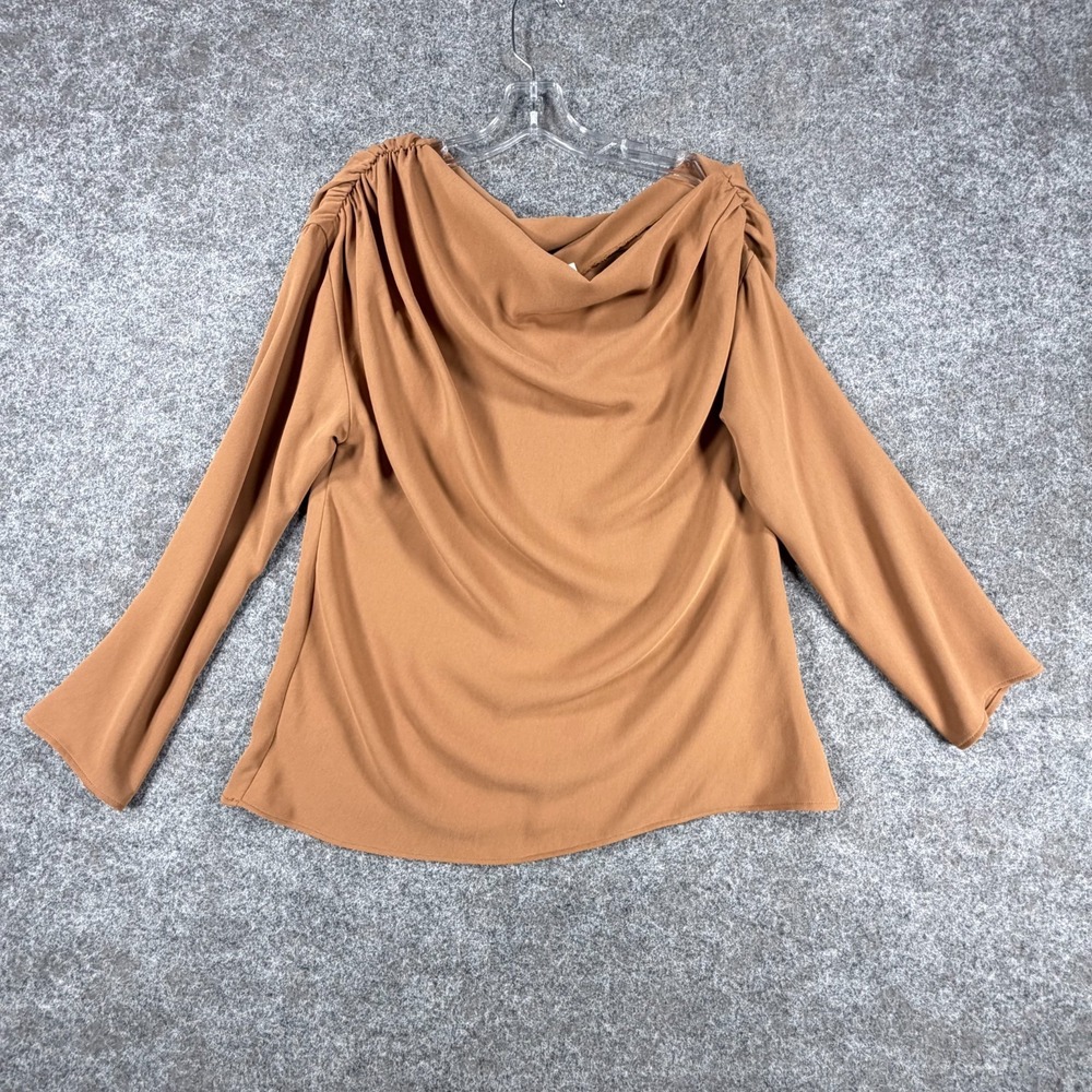 NWT Lavender Brown Austyn Top Womens L Brown Draped Cowl Neck Ruched Shoulder
